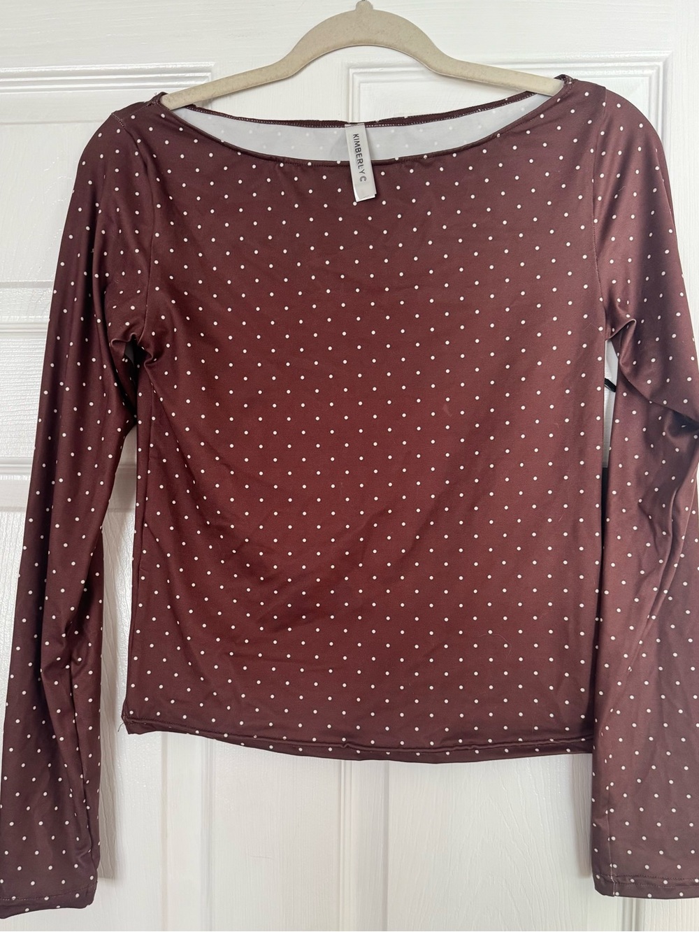 NWT Kimberly C Brown Polka Dot Boatneck Long Sleeve Top L
